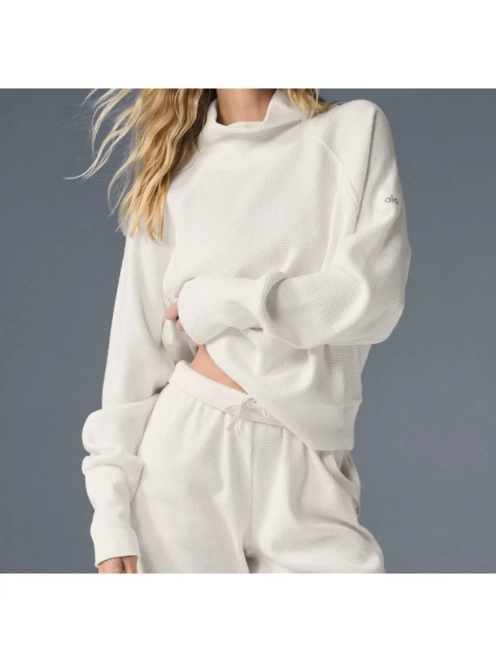 Alo Weekend Escape Mock Neck Long Sleeve Ivory Waffle Thermal Turtleneck Sweater